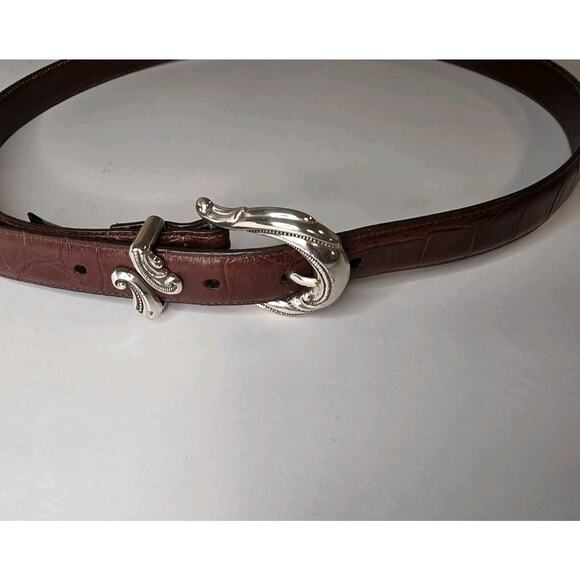 VTG Brighton Y2K Brown Croc Embossed Leather Belt 2X Ornate Scroll Buckle Silver main image 9